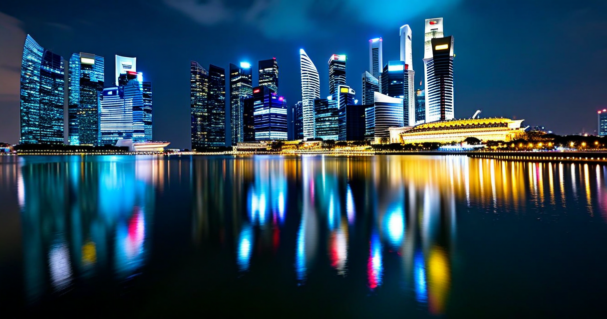 Singapore skyline at night with financial district